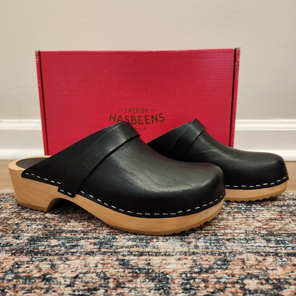 Sweedish Hasbeens Sweedish Husband black leather wood clogs Sz 8